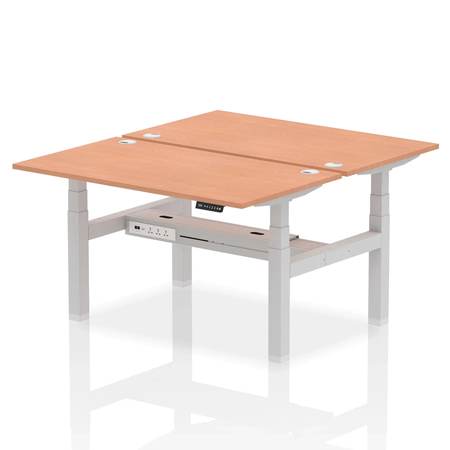 Air Back-to-Back Height Adjustable Bench Desk - 2 Person with cable ports W1400mm beech top with silver frame