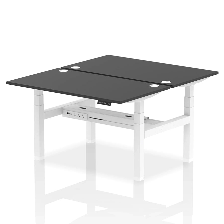 Air Back-to-Back Height Adjustable Bench Desk - 2 Person with cable ports W1400mm black top with white frame