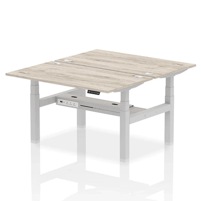 Air Back-to-Back Height Adjustable Bench Desk - 2 Person with cable ports W1400mm grey oak top with silver frame