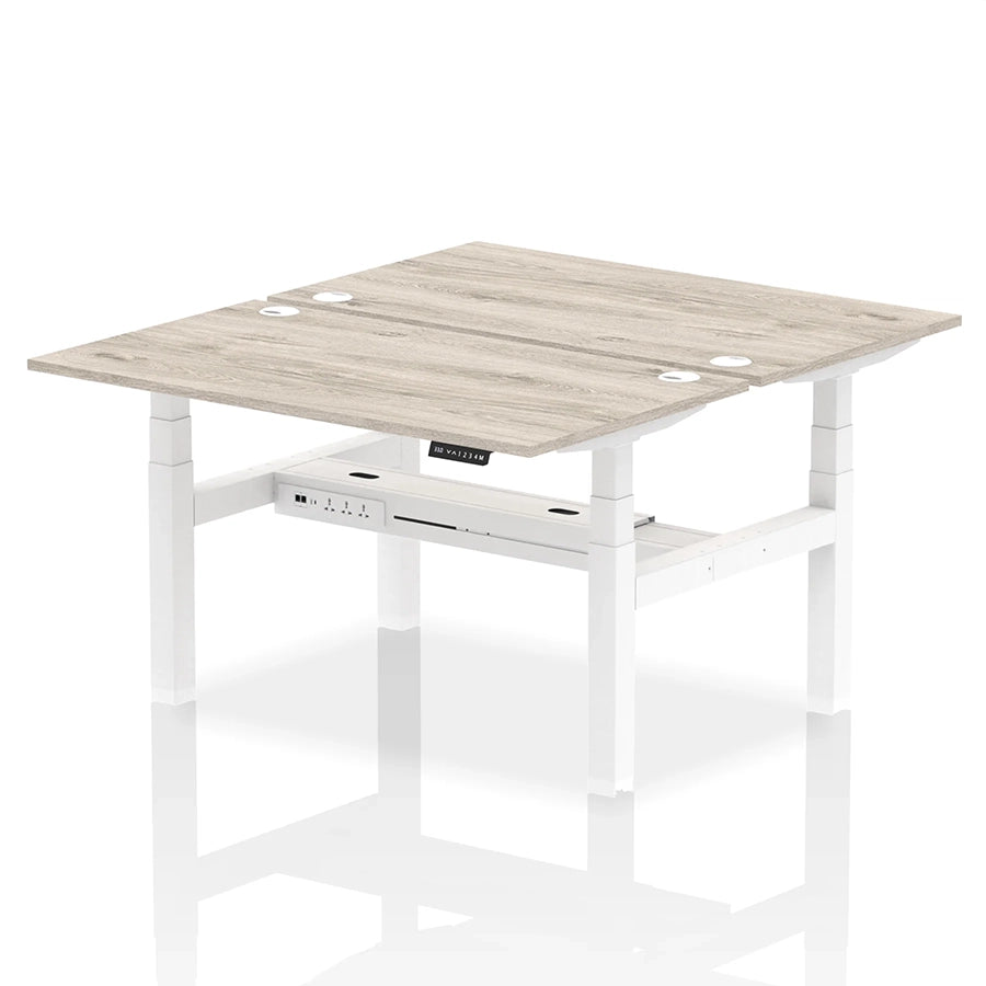 Air Back-to-Back Height Adjustable Bench Desk - 2 Person with cable ports W1400mm grey oak top with white frame