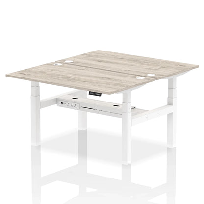 Air Back-to-Back Height Adjustable Bench Desk - 2 Person with cable ports W1400mm grey oak top with white frame