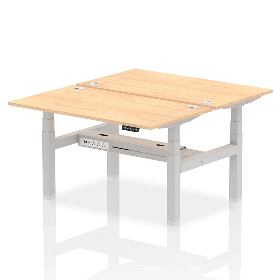 Air Back-to-Back Height Adjustable Bench Desk - 2 Person with cable ports W1400mm maple top with silver frame