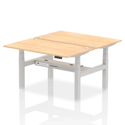 Air Back-to-Back Height Adjustable Bench Desk - 2 Person with cable ports W1400mm maple top with silver frame