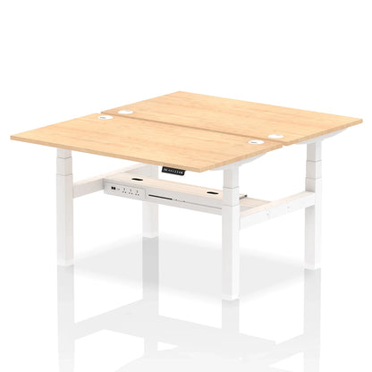 Air Back-to-Back Height Adjustable Bench Desk - 2 Person with cable ports W1400mm maple top with white frame