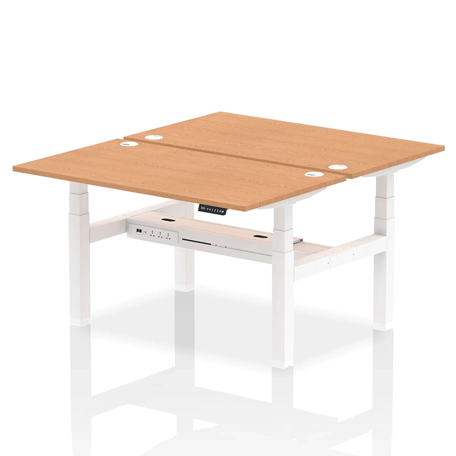 Air Back-to-Back Height Adjustable Bench Desk - 2 Person with cable ports W1400mm oak top with white frame