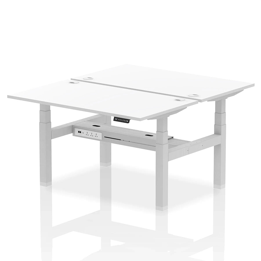Air Back-to-Back Height Adjustable Bench Desk - 2 Person with cable ports W1400mm white top with silver frame