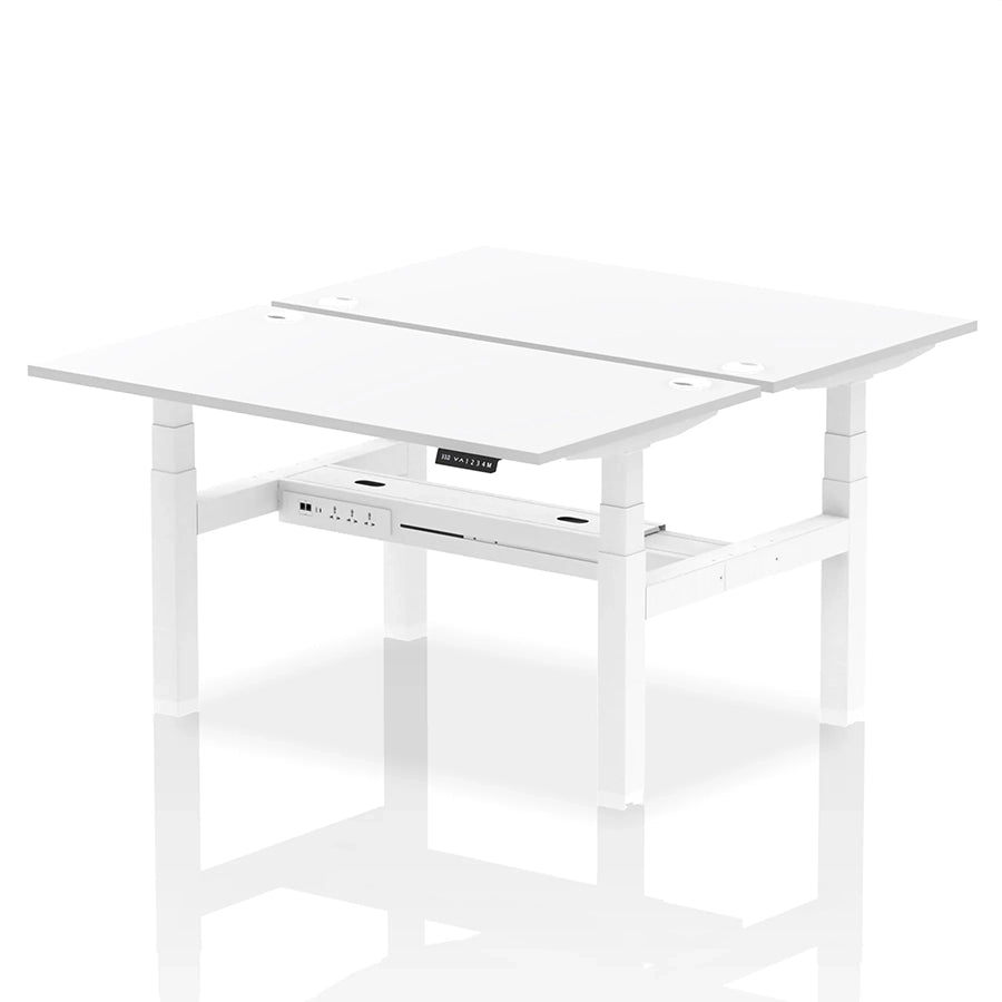 Air Back-to-Back Height Adjustable Bench Desk - 2 Person with cable ports W1400mm white top with white frame