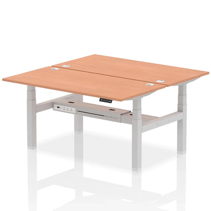 Air Back-to-Back Height Adjustable Bench Desk - 2 Person with cable ports W1600mm beech top with silver frame