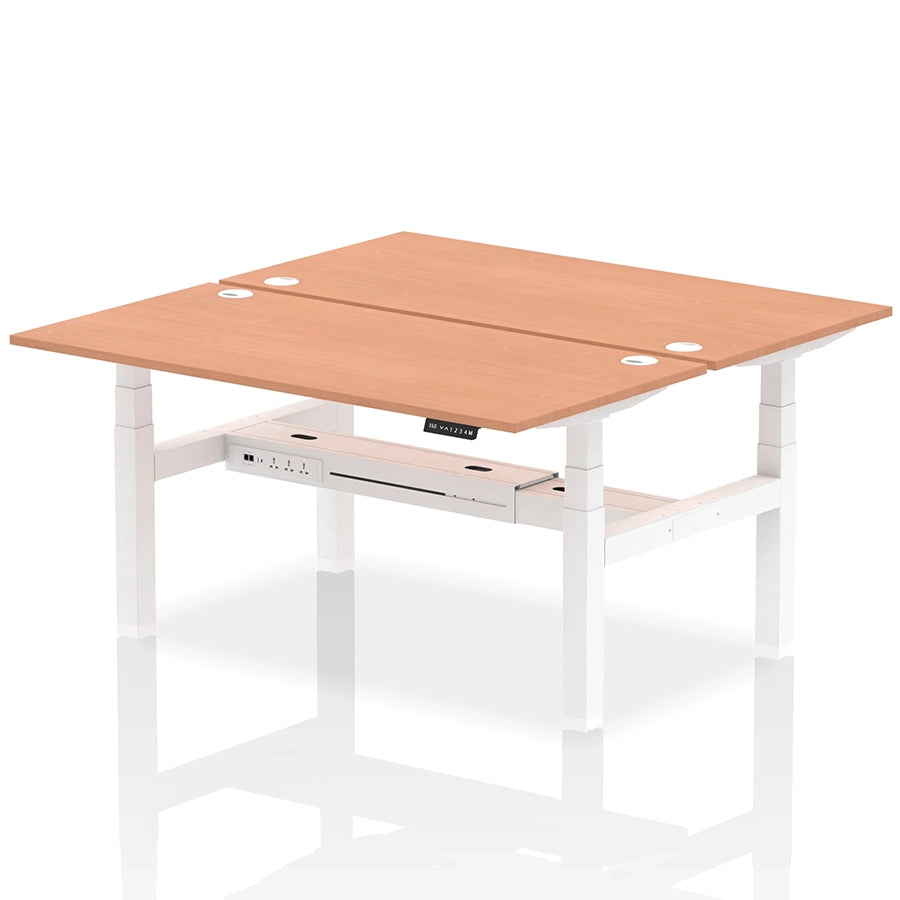 Air Back-to-Back Height Adjustable Bench Desk - 2 Person with cable ports W1600mm beech top with white frame