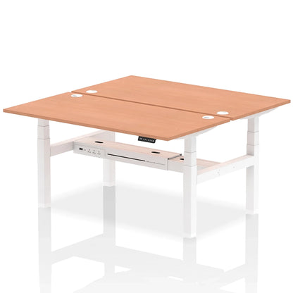 Air Back-to-Back Height Adjustable Bench Desk - 2 Person with cable ports W1600mm beech top with white frame