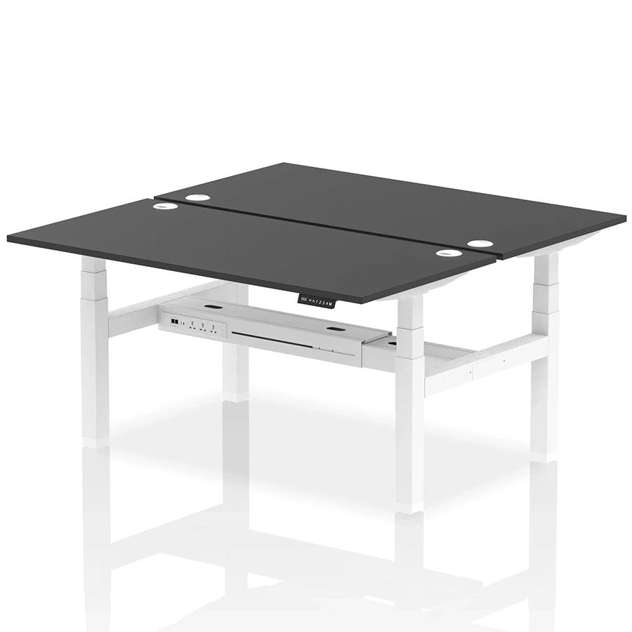 Air Back-to-Back Height Adjustable Bench Desk - 2 Person with cable ports W1600mm black top with white frame