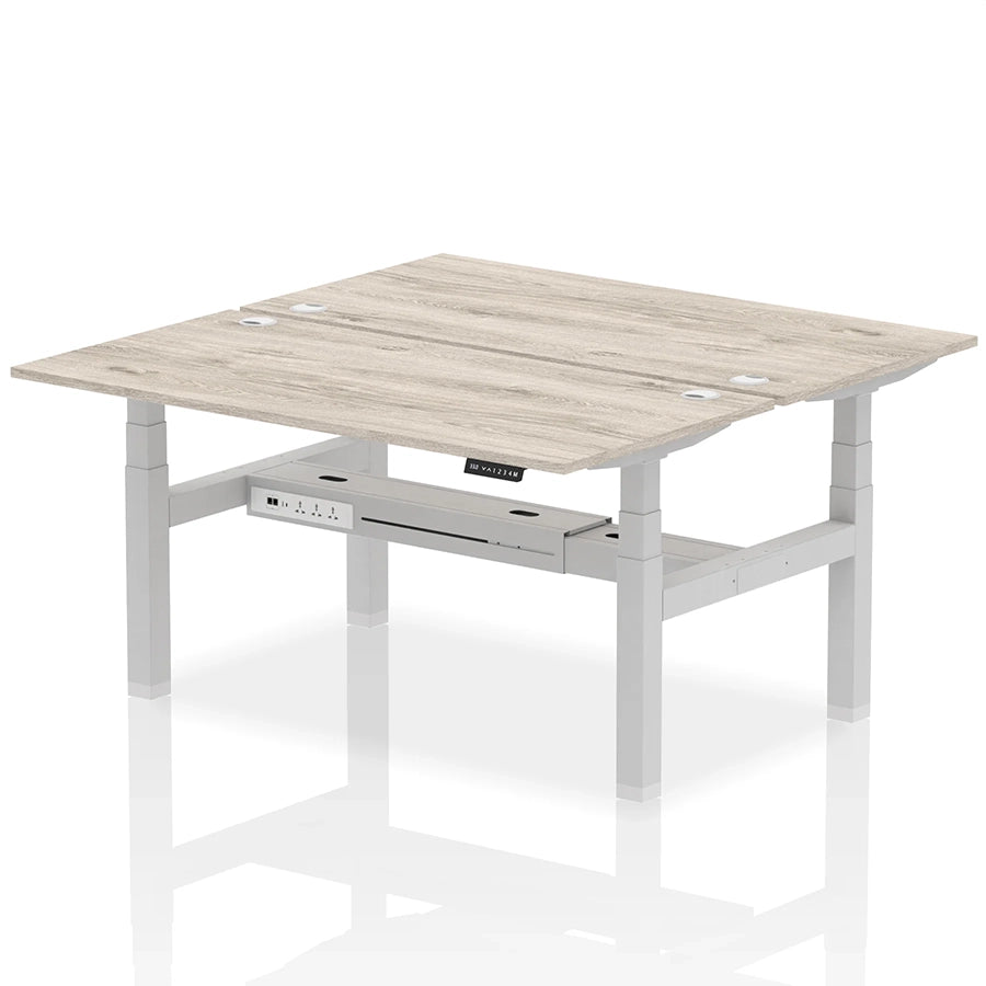Air Back-to-Back Height Adjustable Bench Desk - 2 Person with cable ports W1600mm grey oak top with silver frame
