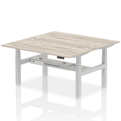 Air Back-to-Back Height Adjustable Bench Desk - 2 Person with cable ports W1600mm grey oak top with silver frame