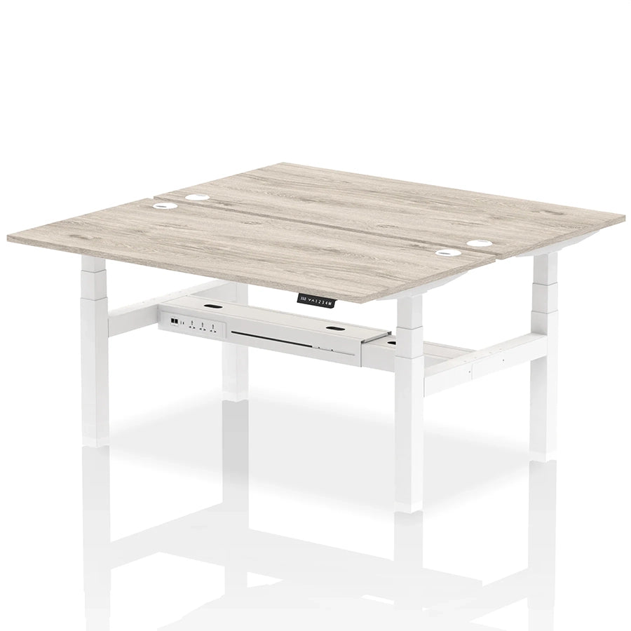Air Back-to-Back Height Adjustable Bench Desk - 2 Person with cable ports W1600mm grey oak top with white frame