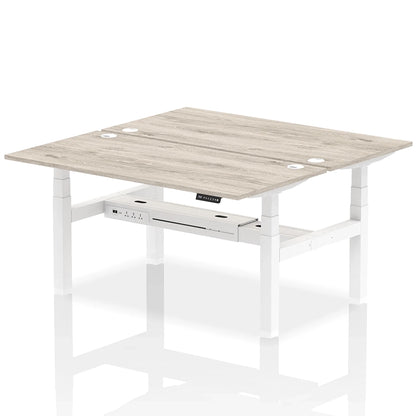 Air Back-to-Back Height Adjustable Bench Desk - 2 Person with cable ports W1600mm grey oak top with white frame