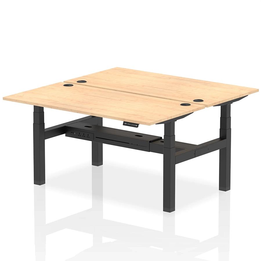 Air Back-to-Back Height Adjustable Bench Desk - 2 Person with cable ports W1600mm maple top with black frame