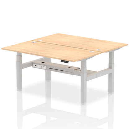 Air Back-to-Back Height Adjustable Bench Desk - 2 Person with cable ports W1600mm maple top with silver frame