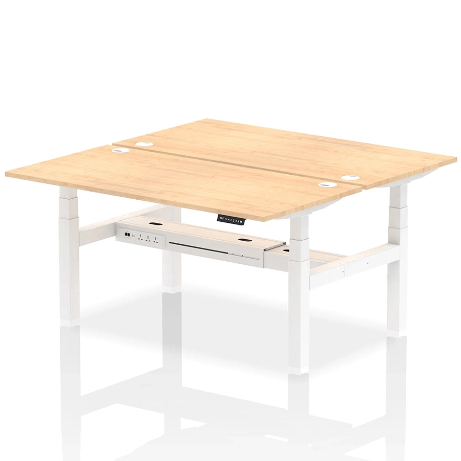 Air Back-to-Back Height Adjustable Bench Desk - 2 Person with cable ports W1600mm maple top with white frame