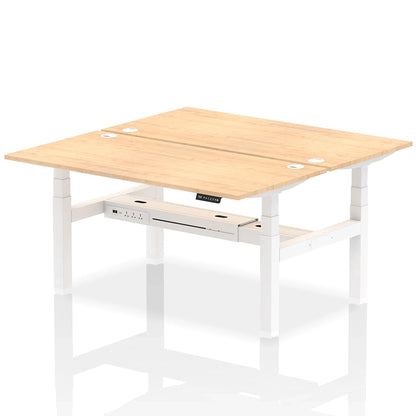 Air Back-to-Back Height Adjustable Bench Desk - 2 Person with cable ports W1600mm maple top with white frame