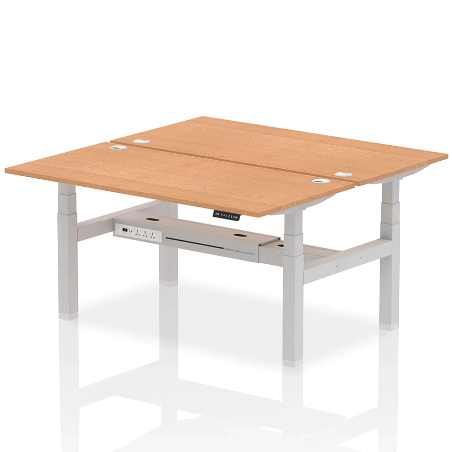 Air Back-to-Back Height Adjustable Bench Desk - 2 Person with cable ports W1600mm oak top with silver frame