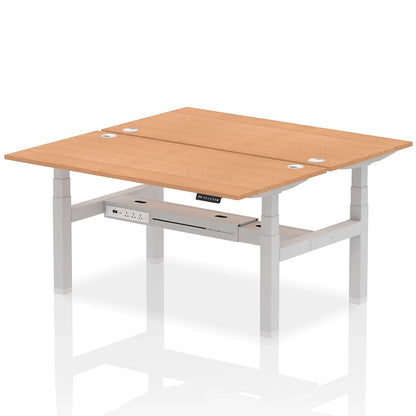 Air Back-to-Back Height Adjustable Bench Desk - 2 Person with cable ports W1600mm oak top with silver frame