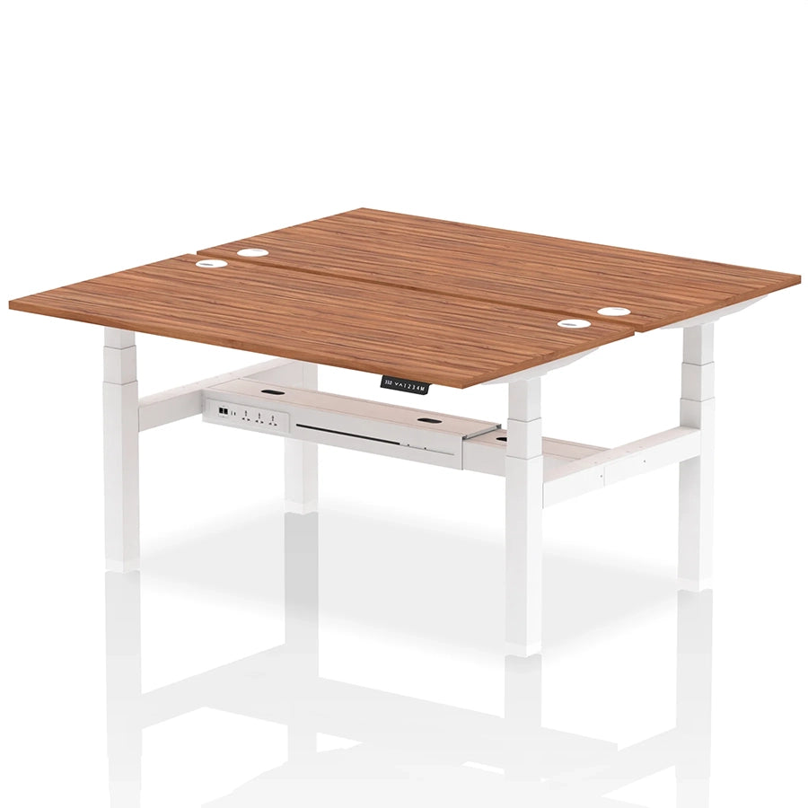 Air Back-to-Back Height Adjustable Bench Desk - 2 Person with cable ports W1600mm walnut top with white frame