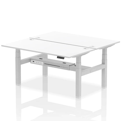 Air Back-to-Back Height Adjustable Bench Desk - 2 Person with cable ports W1600mm white top with silver frame