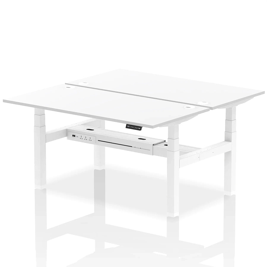Air Back-to-Back Height Adjustable Bench Desk - 2 Person with cable ports W1600mm white top with white frame