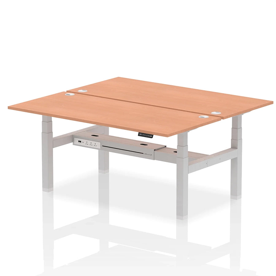 Air Back-to-Back Height Adjustable Bench Desk - 2 Person with cable ports W1800mm beech top with silver frame
