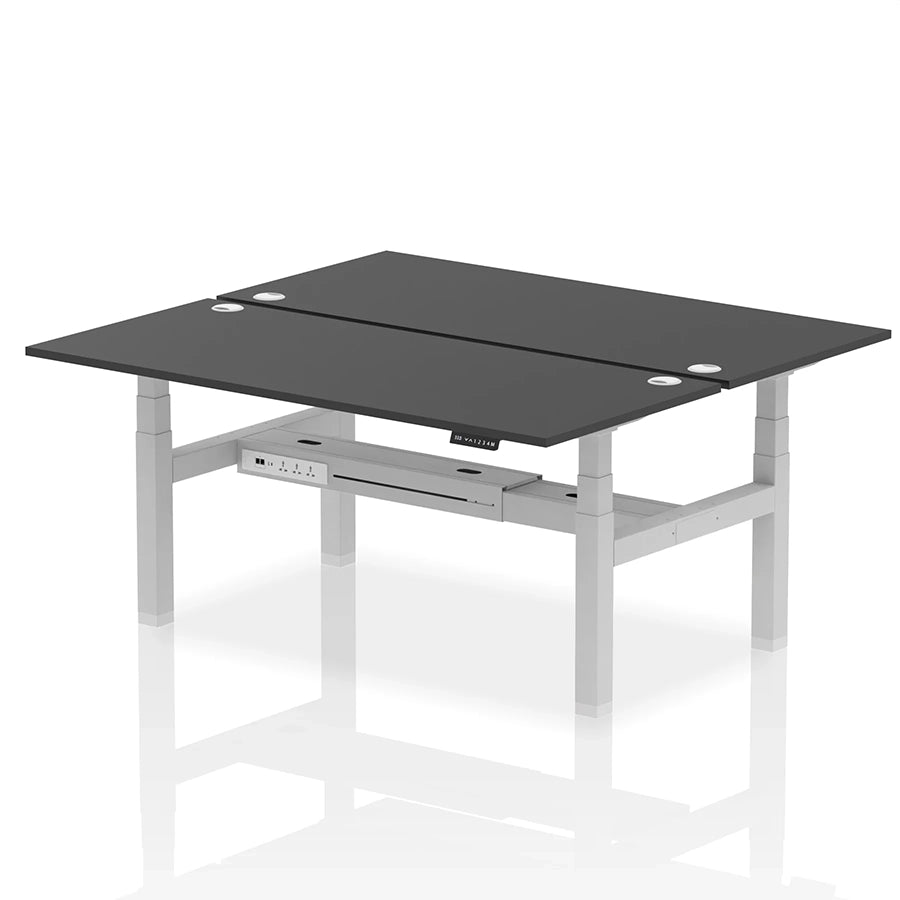 Air Back-to-Back Height Adjustable Bench Desk - 2 Person with cable ports W1800mm black top with silver frame