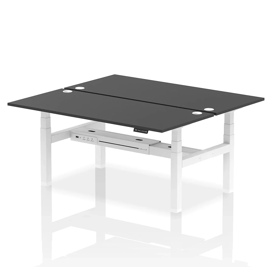 Air Back-to-Back Height Adjustable Bench Desk - 2 Person with cable ports W1800mm black top with white frame