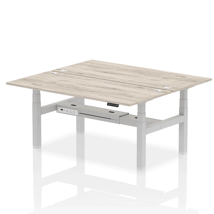 Air Back-to-Back Height Adjustable Bench Desk - 2 Person with cable ports W1800mm grey oak top with silver frame