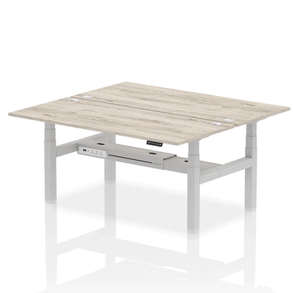 Air Back-to-Back Height Adjustable Bench Desk - 2 Person with cable ports W1800mm grey oak top with silver frame