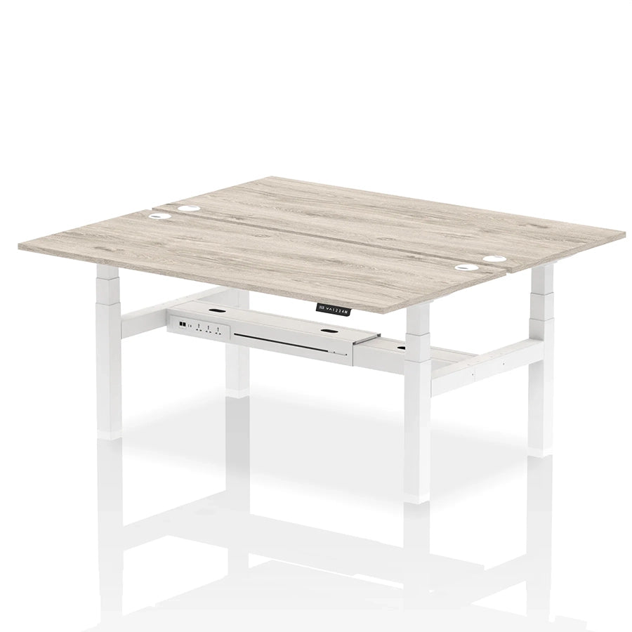 Air Back-to-Back Height Adjustable Bench Desk - 2 Person with cable ports W1800mm grey oak top with white frame
