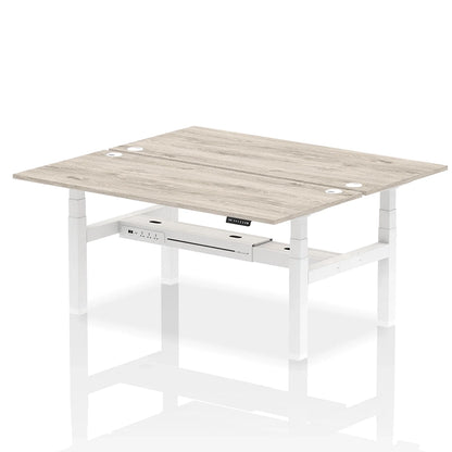 Air Back-to-Back Height Adjustable Bench Desk - 2 Person with cable ports W1800mm grey oak top with white frame