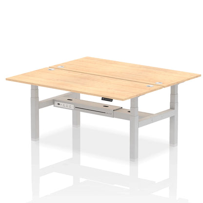 Air Back-to-Back Height Adjustable Bench Desk - 2 Person with cable ports W1800mm maple top with silver frame