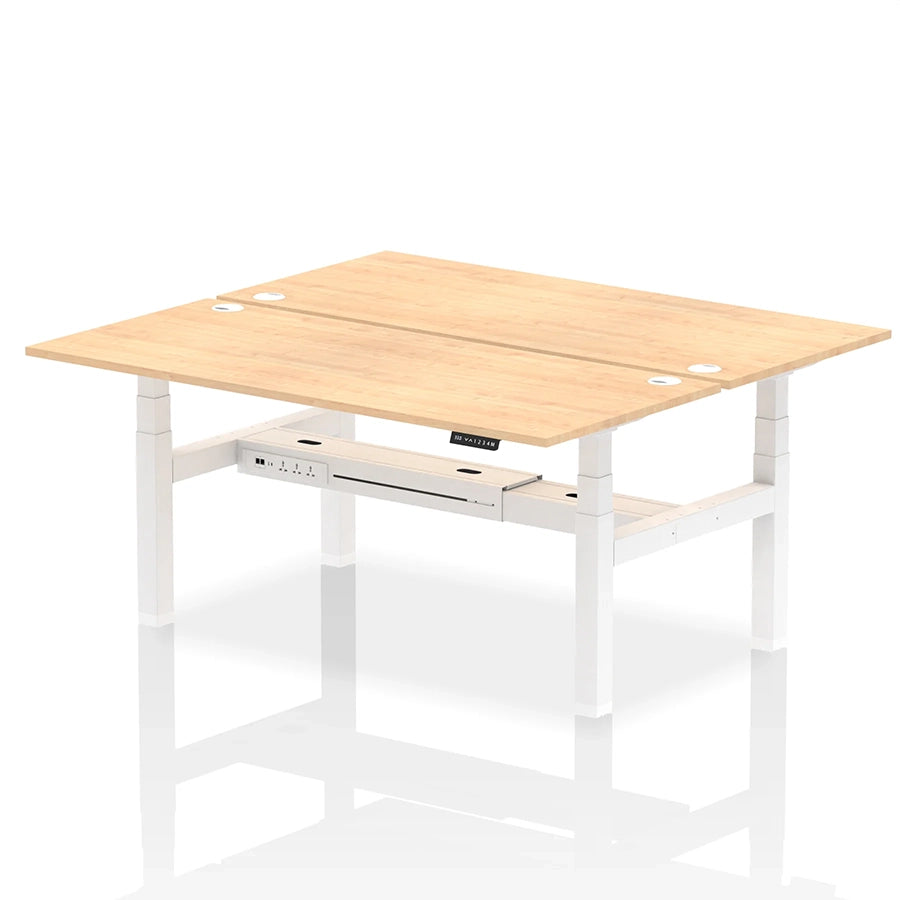 Air Back-to-Back Height Adjustable Bench Desk - 2 Person with cable ports W1800mm maple top with white frame
