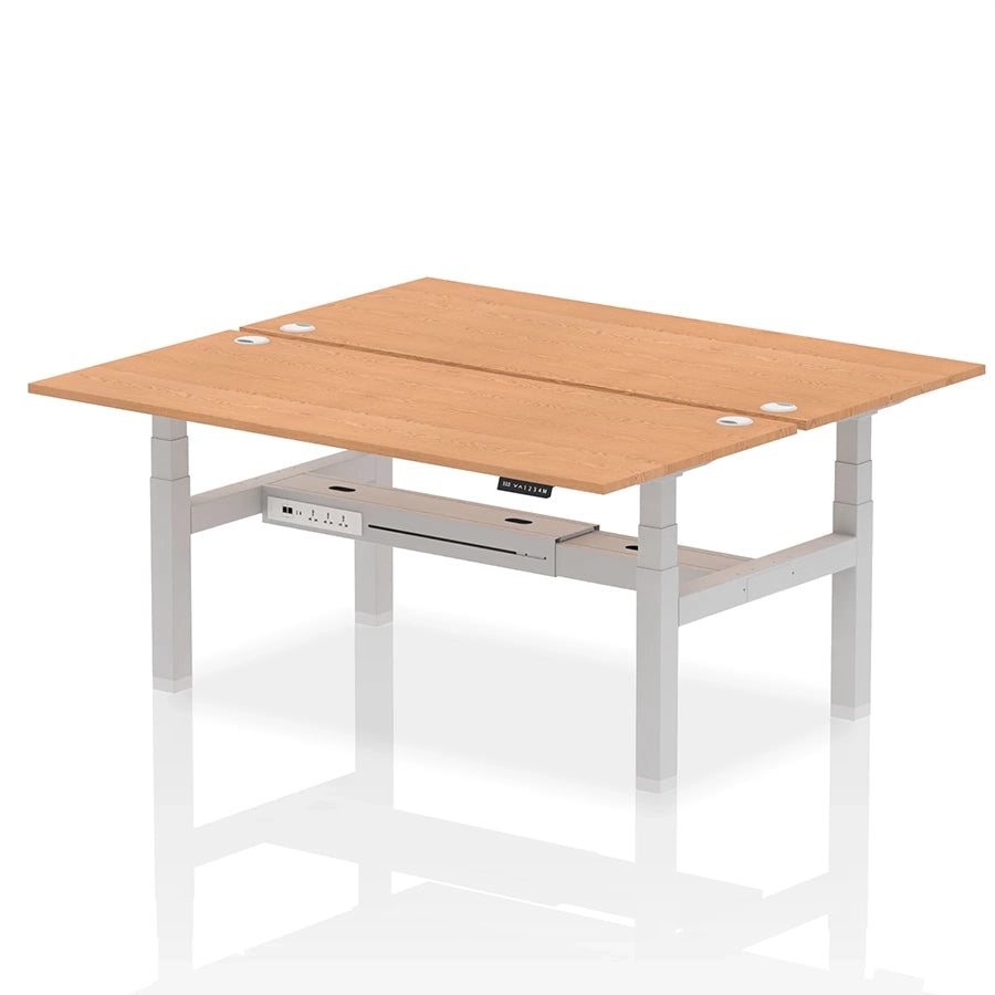 Air Back-to-Back Height Adjustable Bench Desk - 2 Person with cable ports W1800mm oak top with silver frame