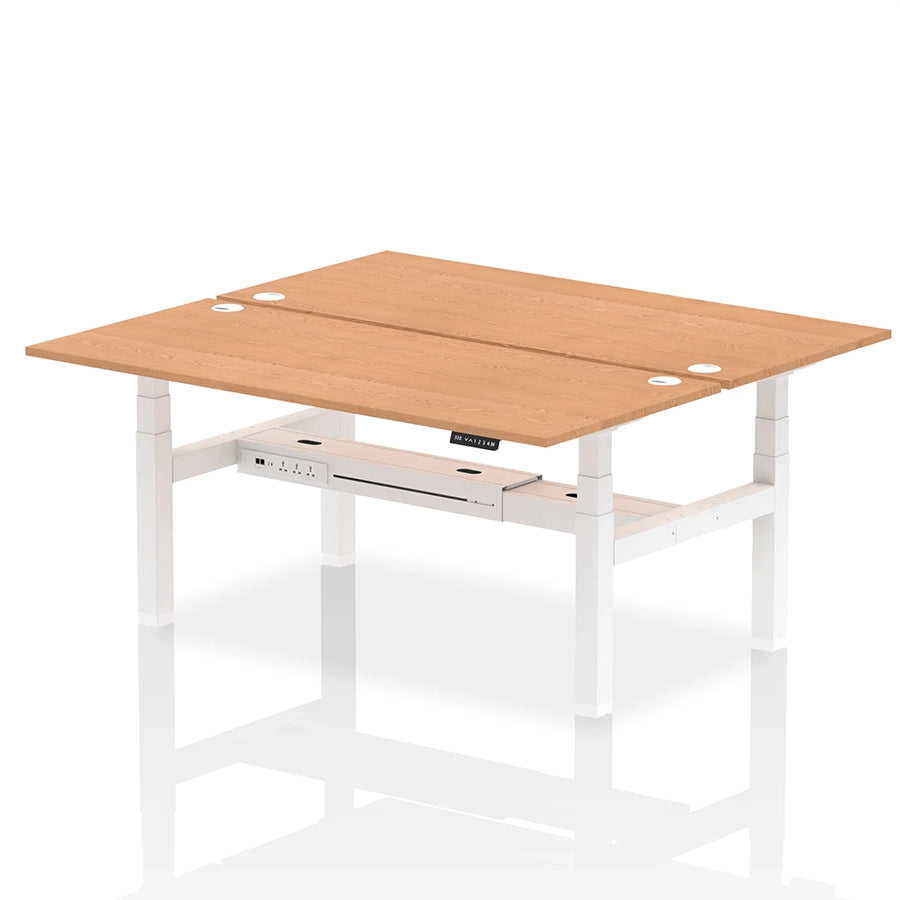 Air Back-to-Back Height Adjustable Bench Desk - 2 Person with cable ports W1800mm oak top with white frame