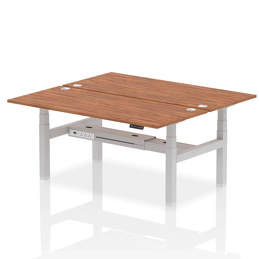 Air Back-to-Back Height Adjustable Bench Desk - 2 Person with cable ports W1800mm walnut top with silver frame