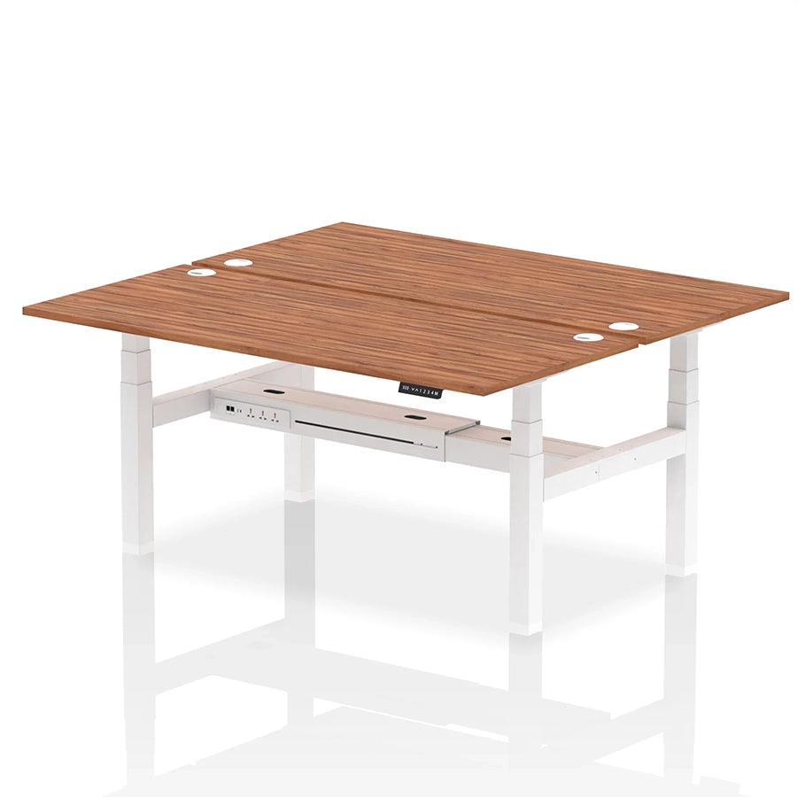 Air Back-to-Back Height Adjustable Bench Desk - 2 Person with cable ports W1800mm walnut top with white frame