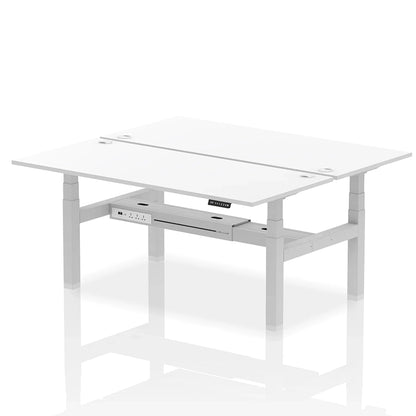 Air Back-to-Back Height Adjustable Bench Desk - 2 Person with cable ports W1800mm white top with silver frame