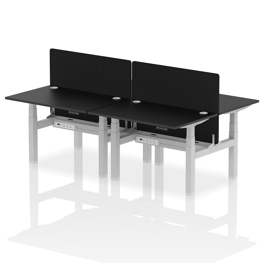 Air Back-to-Back Height Adjustable Bench Desk - 4 Person with Cable Ports and Black Straight Screen W1200mm black top and silver frame