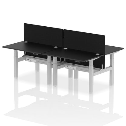 Air Back-to-Back Height Adjustable Bench Desk - 4 Person with Cable Ports and Black Straight Screen W1200mm black top and silver frame