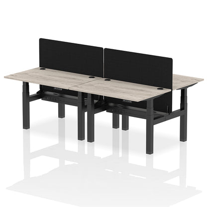 Air Back-to-Back Height Adjustable Bench Desk - 4 Person with Cable Ports and Black Straight Screen W1200mm grey oak top and black frame