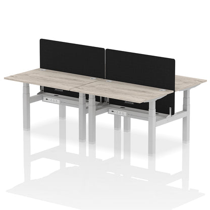 Air Back-to-Back Height Adjustable Bench Desk - 4 Person with Cable Ports and Black Straight Screen W1200mm grey oak top and silver frame