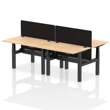 Air Back-to-Back Height Adjustable Bench Desk - 4 Person with Cable Ports and Black Straight Screen W1200mm maple top and black frame
