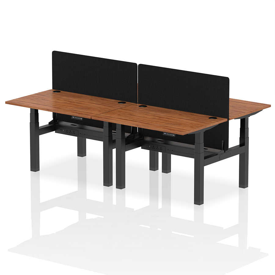 Air Back-to-Back Height Adjustable Bench Desk - 4 Person with Cable Ports and Black Straight Screen W1200mm walnut top and black frame