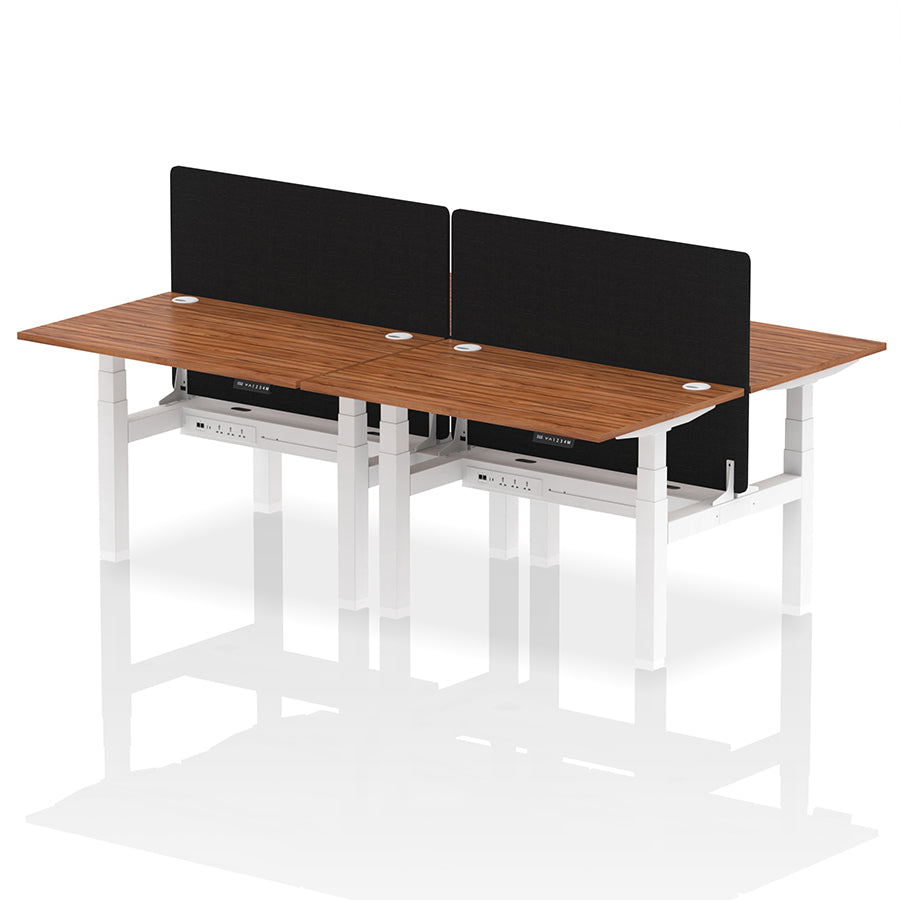 Air Back-to-Back Height Adjustable Bench Desk - 4 Person with Cable Ports and Black Straight Screen W1200mm walnut top and white frame