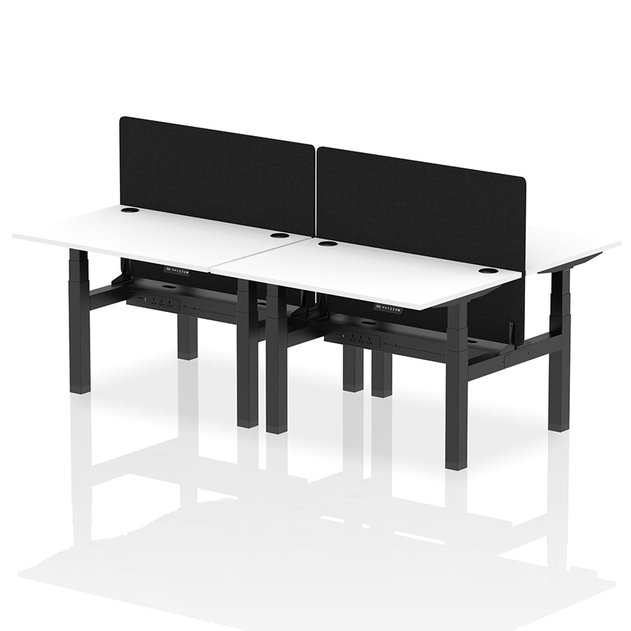 Air Back-to-Back Height Adjustable Bench Desk - 4 Person with Cable Ports and Black Straight Screen W1200mm white top and black frame